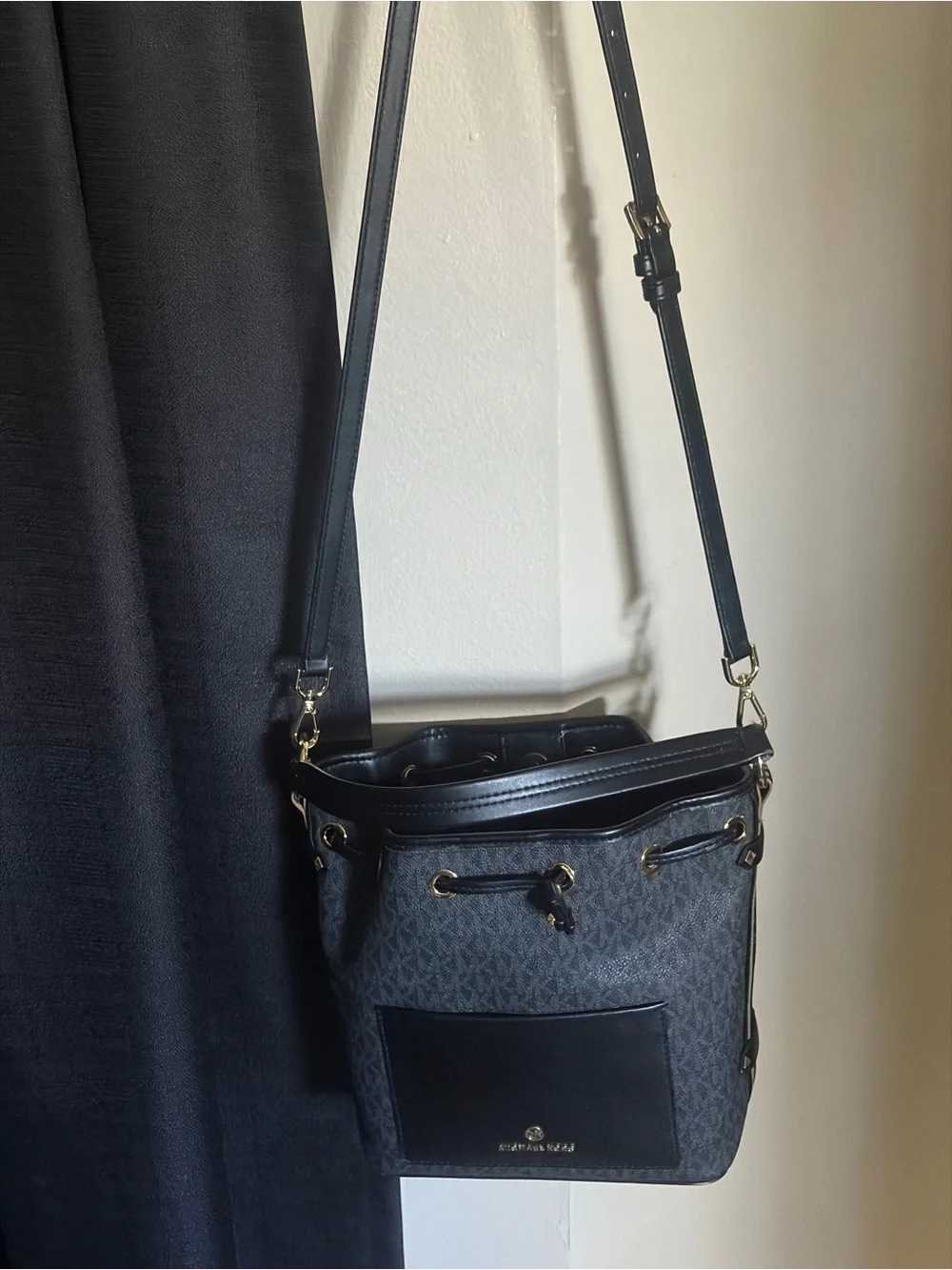 Michael Kors Black and Gray Logo Drawstring Crossbody Bag